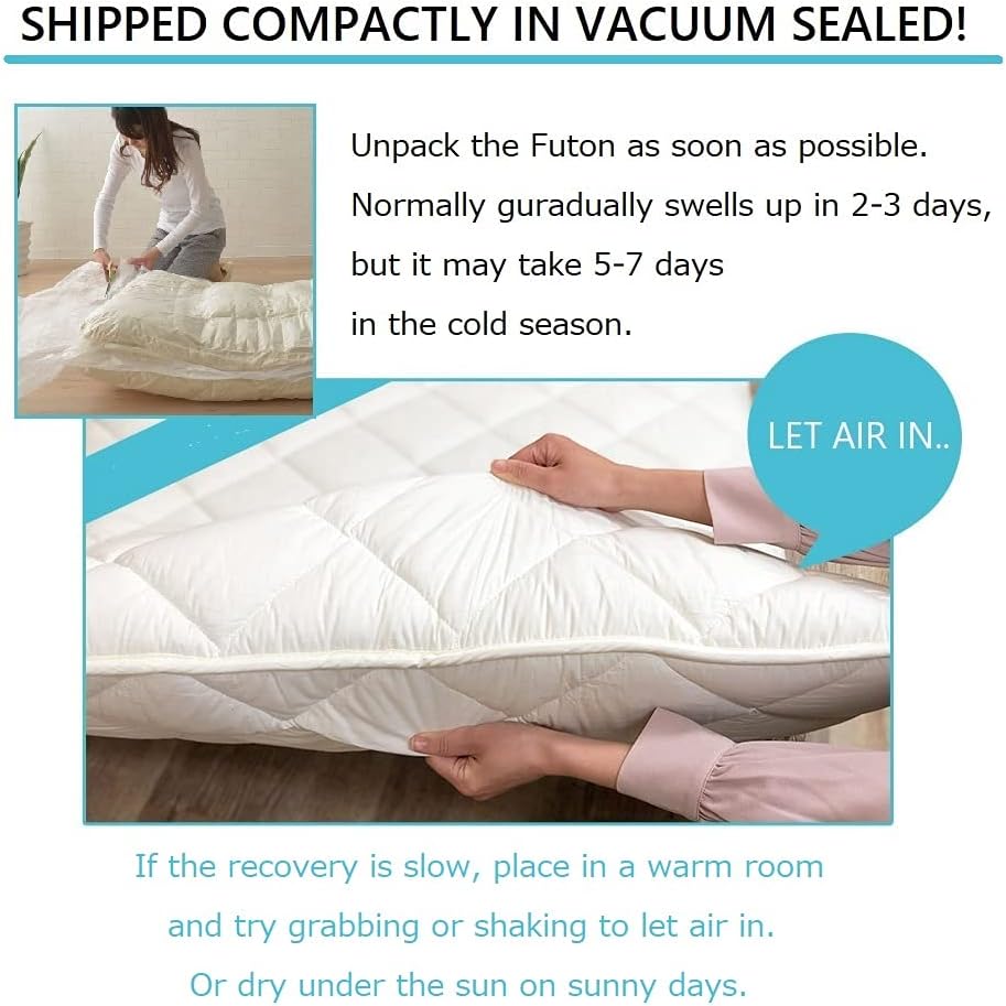 EMOOR Japanische Futon Matratze CLASSE mit Baumwolle Spannbetttuch (Weiß/Grau) Hergestellt in Japan, Faltbar Schlaf Traditionelle Boden Bett Tatami Matte Pad Baumwolle Topper