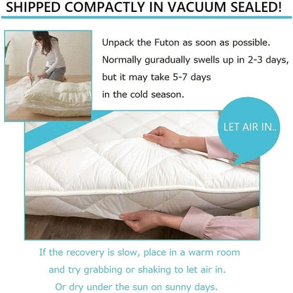 EMOOR Japanische Futon Matratze CLASSE mit Baumwolle Spannbetttuch (Weiß/Grau) Hergestellt in Japan, Faltbar Schlaf Traditionelle Boden Bett Tatami Matte Pad Baumwolle Topper