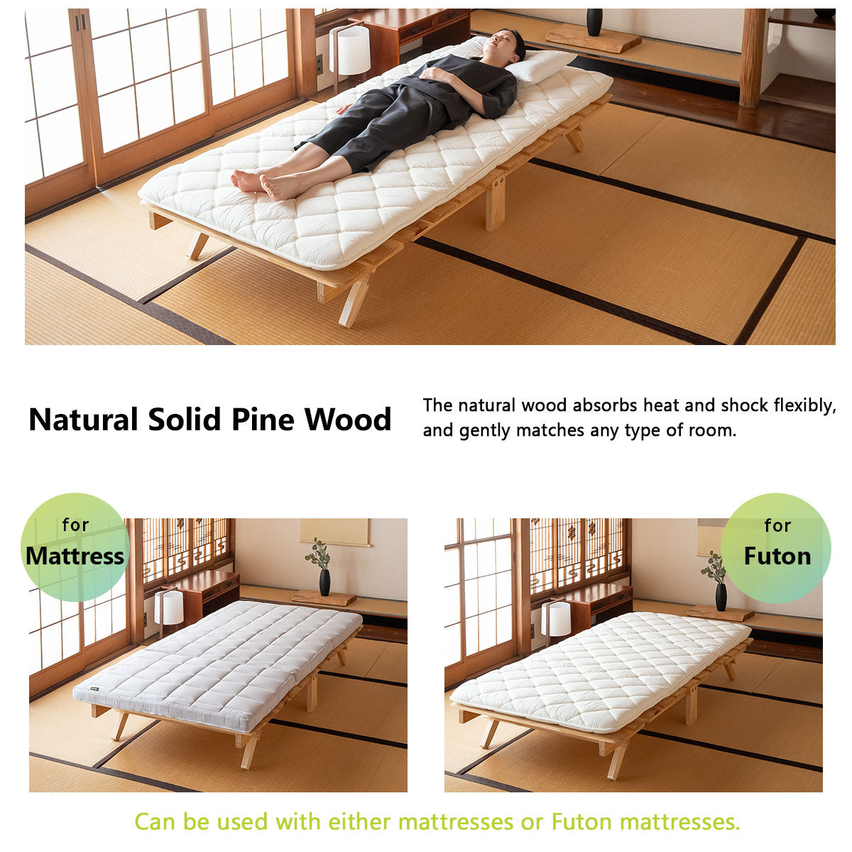 EMOOR Foldable Futon Bed OSMOS for Japanese Futon Mattress (Natural Brown), Tatami Natural Pine Wood Furniture Japanese Style Solid Wood Bed Pallet Bed