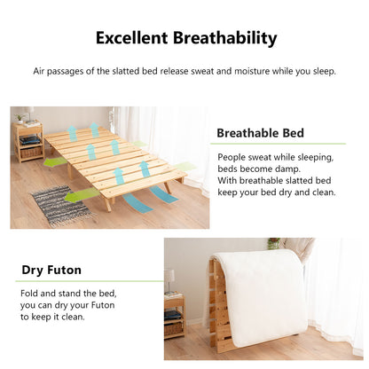 EMOOR Foldable Futon Bed OSMOS for Japanese Futon Mattress (Natural Brown), Tatami Natural Pine Wood Furniture Japanese Style Solid Wood Bed Pallet Bed