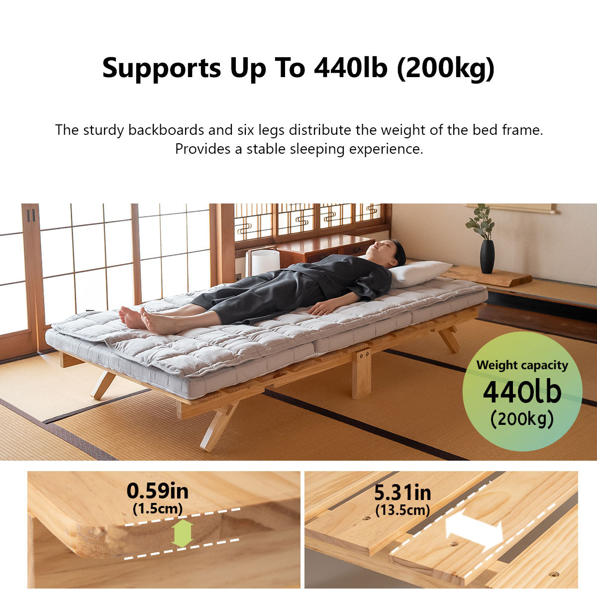 EMOOR Foldable Futon Bed OSMOS for Japanese Futon Mattress (Natural Brown), Tatami Natural Pine Wood Furniture Japanese Style Solid Wood Bed Pallet Bed