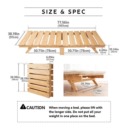 EMOOR Foldable Futon Bed OSMOS for Japanese Futon Mattress (Natural Brown), Tatami Natural Pine Wood Furniture Japanese Style Solid Wood Bed Pallet Bed