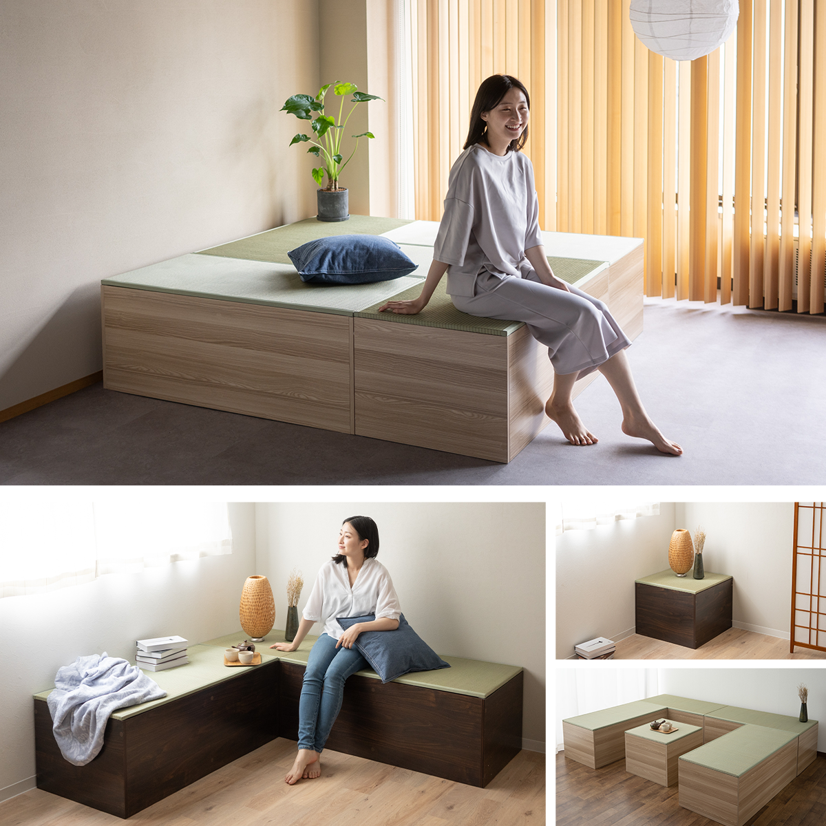 EMOOR Natürliche Tatami-Aufbewahrungsbox Quadratisch / Rechteckig, Holzmöbel Binsengras Japanischer Lifestyle Igusa-Lamellen