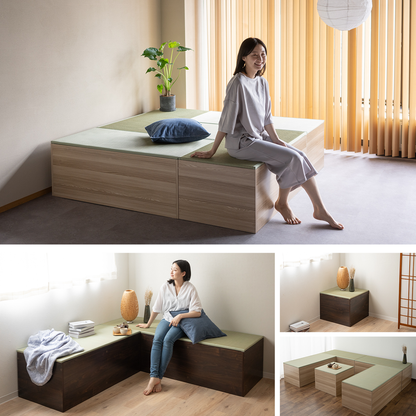 EMOOR Natürliche Tatami-Aufbewahrungsbox Quadratisch / Rechteckig, Holzmöbel Binsengras Japanischer Lifestyle Igusa-Lamellen