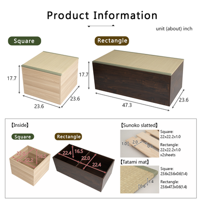 EMOOR Natürliche Tatami-Aufbewahrungsbox Quadratisch / Rechteckig, Holzmöbel Binsengras Japanischer Lifestyle Igusa-Lamellen