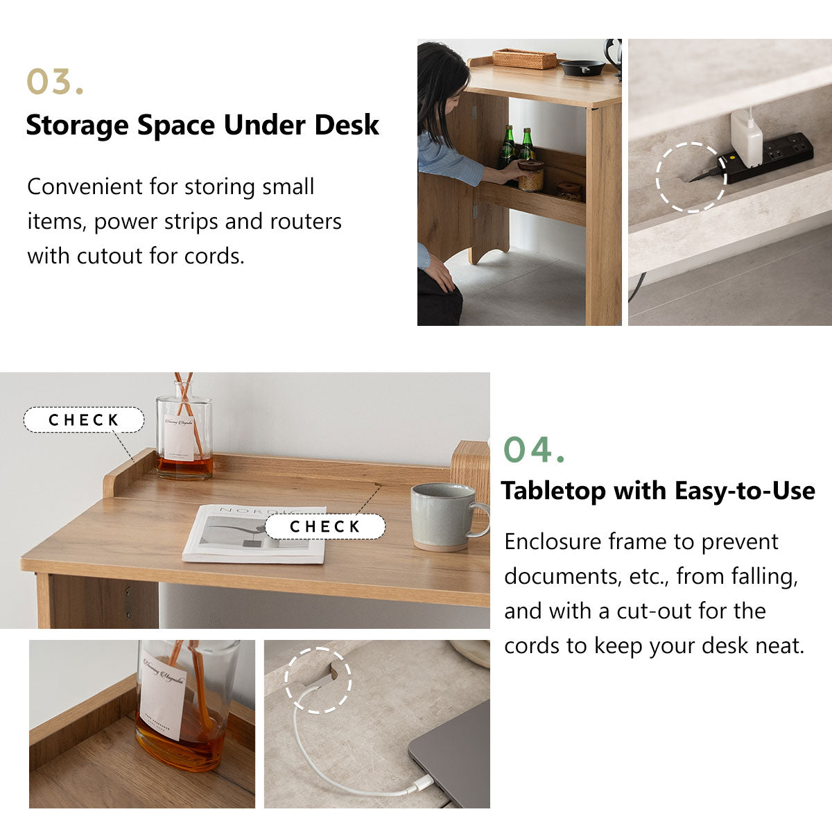 EMOOR Klappschreibtisch TATAMU Holzpaneelen (Eiche), Platzsparender Rechteckiger Tisch Ohne Montage Leicht Zusammenklappbar Verstaubar