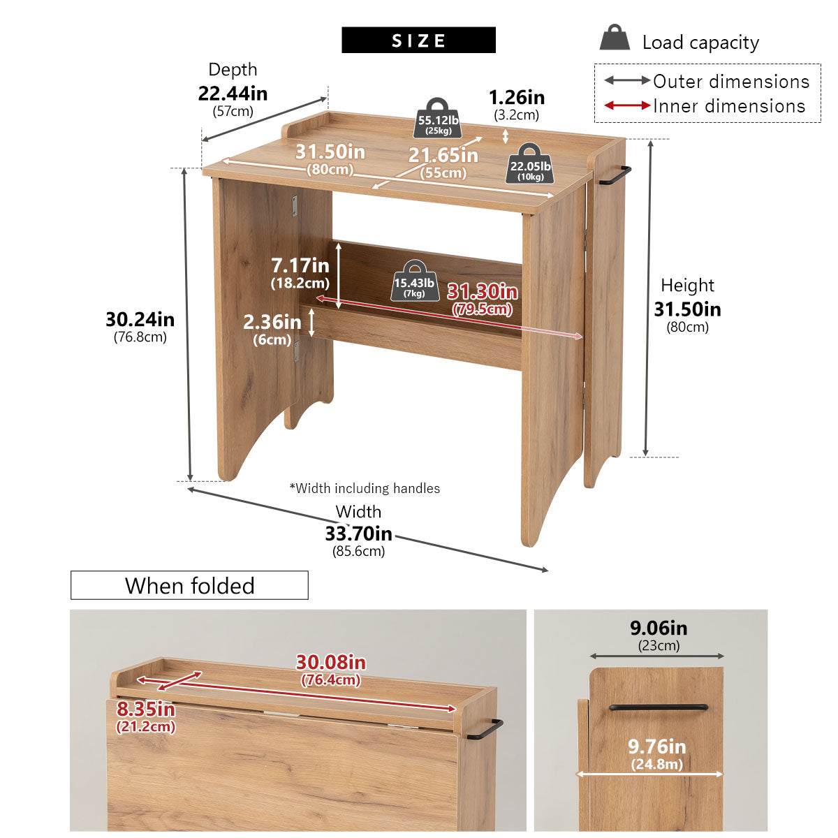 EMOOR Klappschreibtisch TATAMU Holzpaneelen (Eiche), Platzsparender Rechteckiger Tisch Ohne Montage Leicht Zusammenklappbar Verstaubar