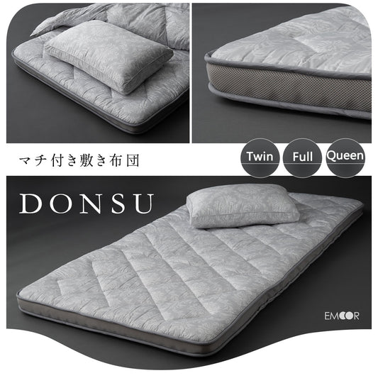 EMOOR Japanese Padded Futon Mattress with Gusset DONSU Light Gray, Damask Botanical Pattern Foldable Floor Bed Guest Bed Tatami Mat