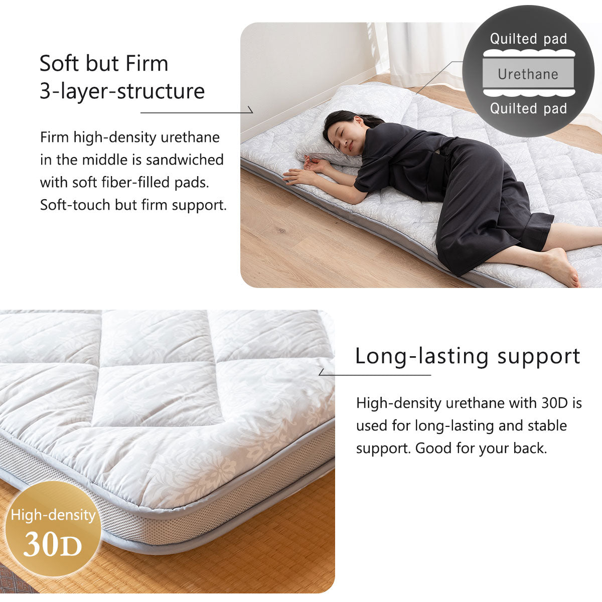 EMOOR Japanische Gepolsterte Futonmatratze mit Zwickel DONSU Hellgrau, Damast Botanisches Muster Faltbare Bodenschlaf Gästebett Tatami-Matte