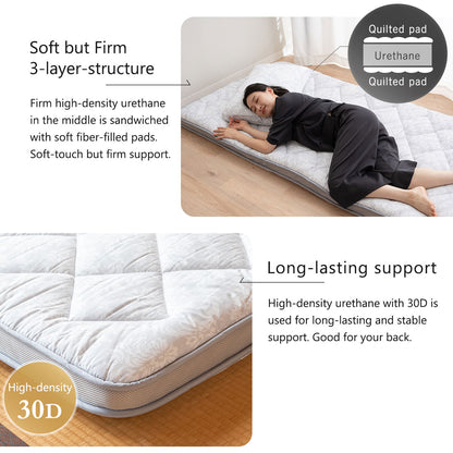 EMOOR Japanische Gepolsterte Futonmatratze mit Zwickel DONSU Hellgrau, Damast Botanisches Muster Faltbare Bodenschlaf Gästebett Tatami-Matte