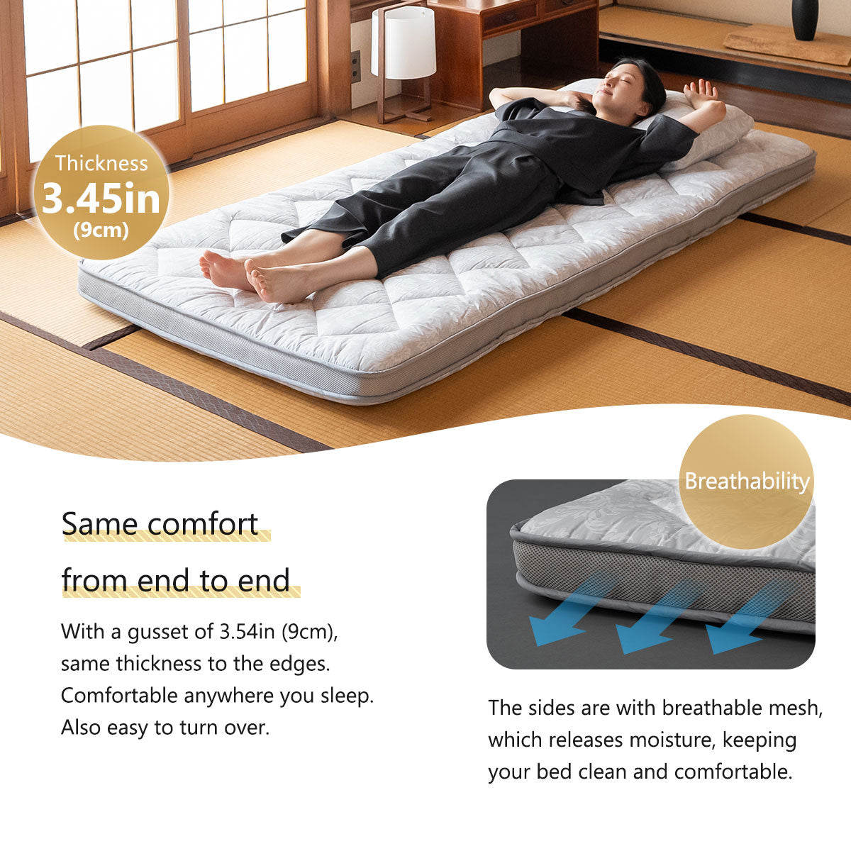 EMOOR Japanische Gepolsterte Futonmatratze mit Zwickel DONSU Hellgrau, Damast Botanisches Muster Faltbare Bodenschlaf Gästebett Tatami-Matte