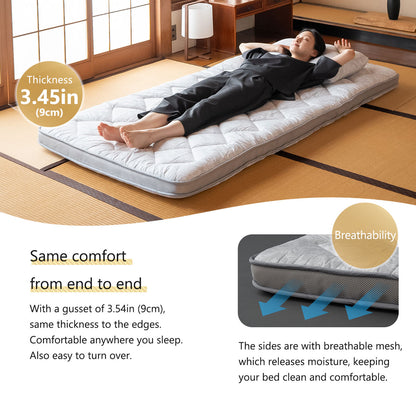 EMOOR Japanische Gepolsterte Futonmatratze mit Zwickel DONSU Hellgrau, Damast Botanisches Muster Faltbare Bodenschlaf Gästebett Tatami-Matte