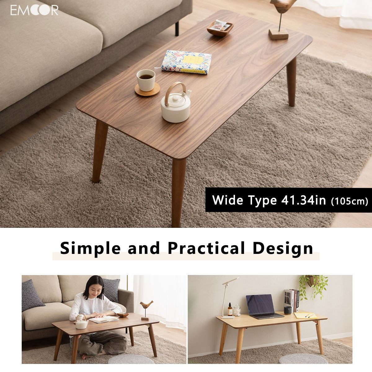 EMOOR Holz-Klapp-Couchtisch Rechteckig-Groß, Bodentisch Niedriger Tisch Kleiner Raum Minimalistischer Japanischer Tatami-Raum