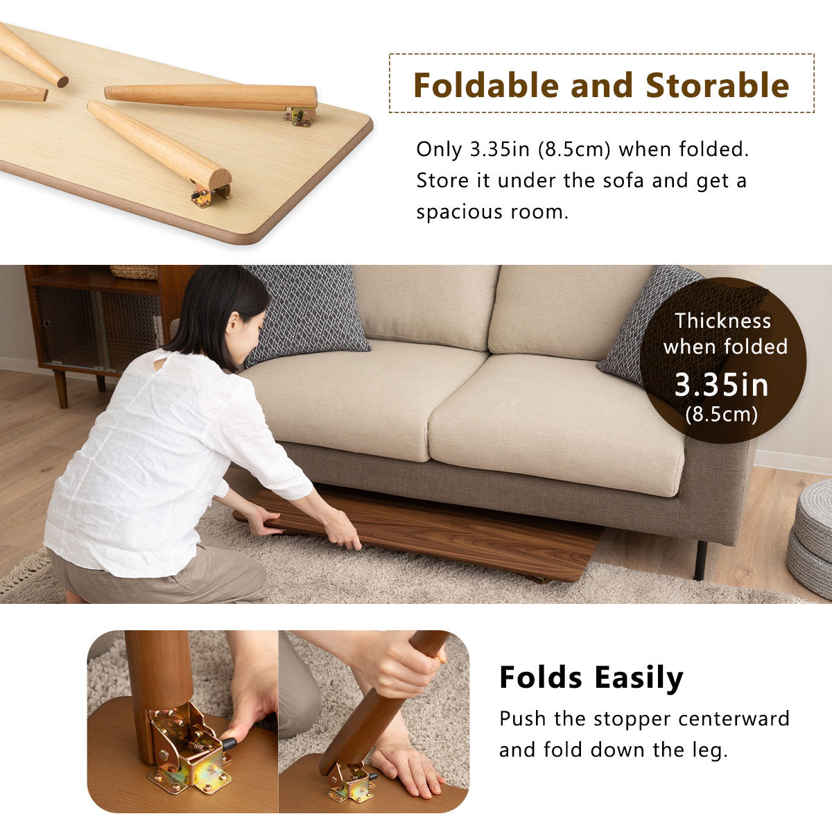 EMOOR Holz-Klapp-Couchtisch Rechteckig-Groß, Bodentisch Niedriger Tisch Kleiner Raum Minimalistischer Japanischer Tatami-Raum