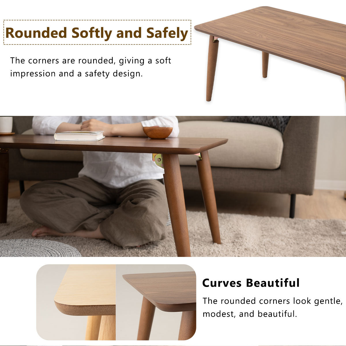 EMOOR Holz-Klapp-Couchtisch Rechteckig-Groß, Bodentisch Niedriger Tisch Kleiner Raum Minimalistischer Japanischer Tatami-Raum