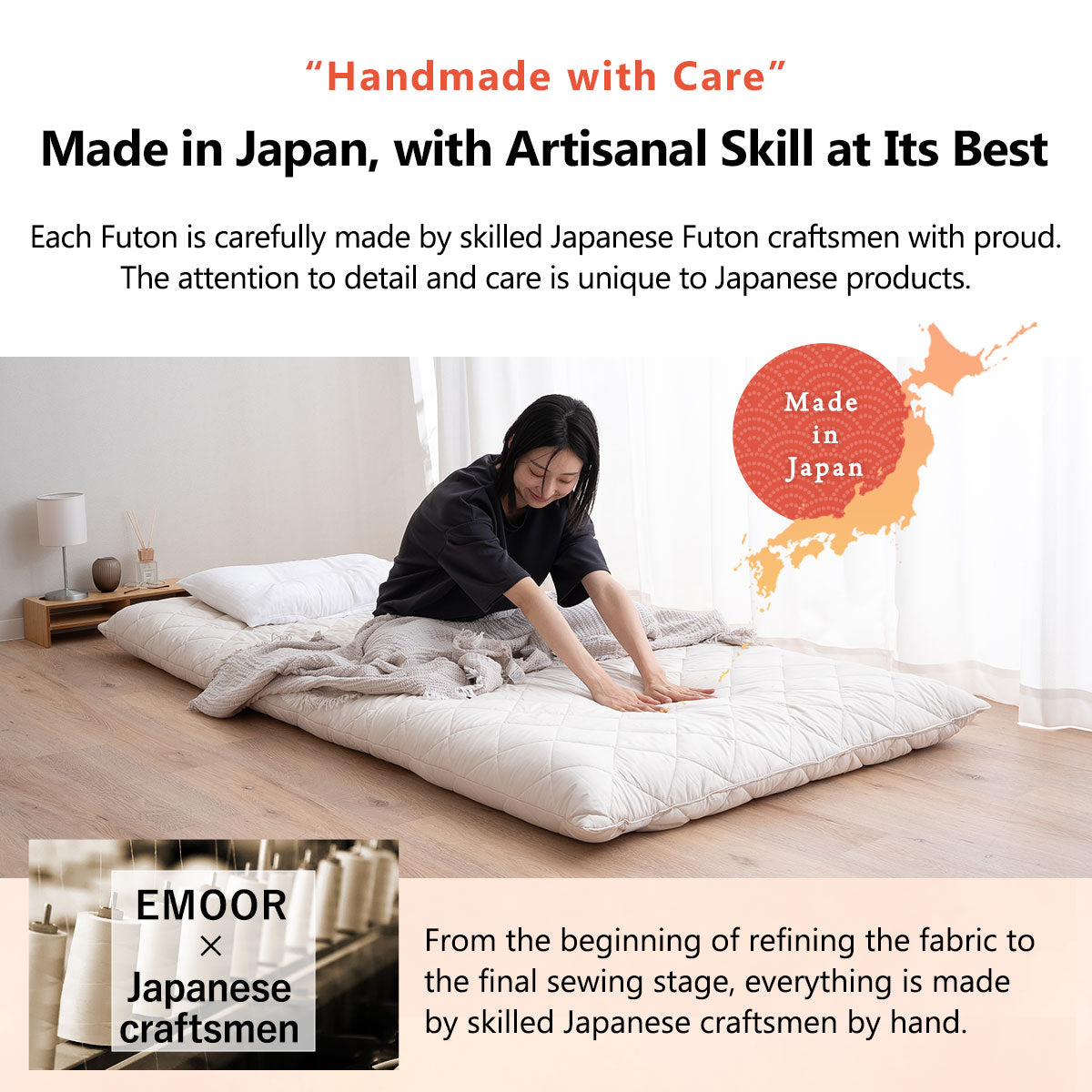 EMOOR Extradicke Japanische Futonmatratze Ohne Saum Weiß, Hergestellt in Japan Faltbares Bodenschlafbett Tatami-Matte