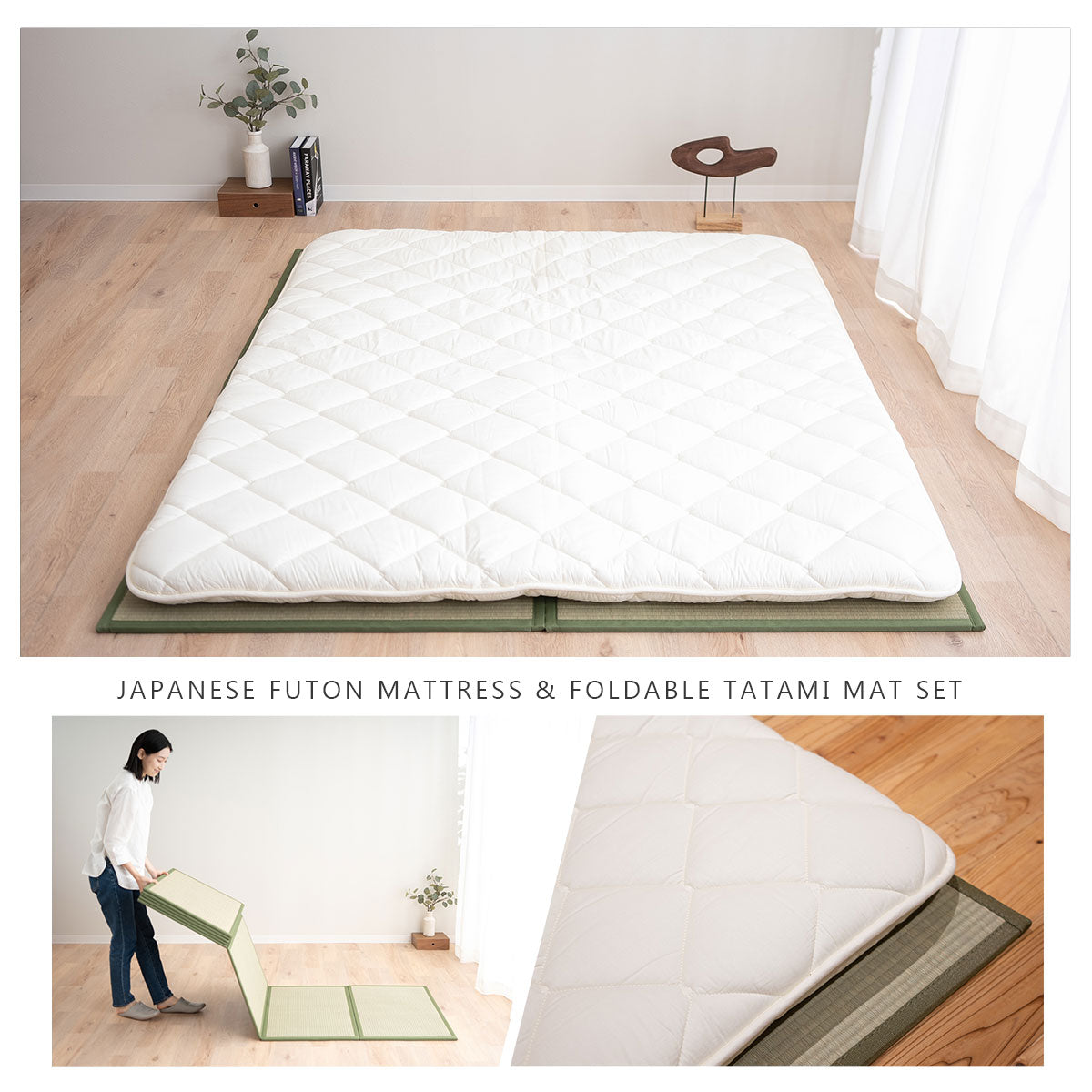 EMOOR Japanische Futon Matratze CLASSE und Faltbare Tatami Matte (Igusa Matratze) Set, Faltbar Schlaf Traditionelle Boden Bett Pad Baumwolle