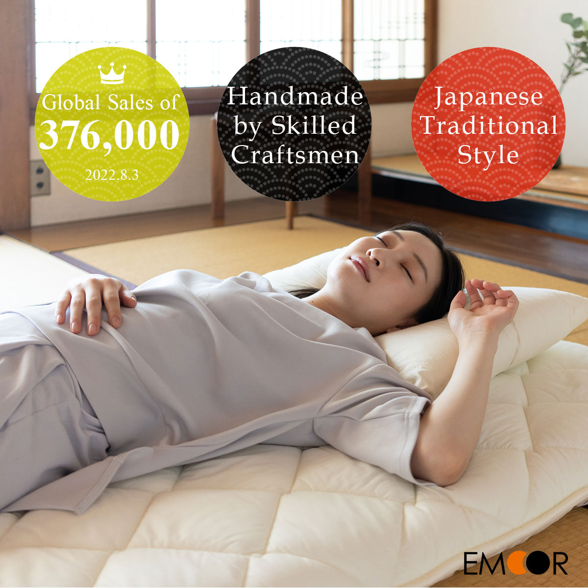 EMOOR Japanische Futon Matratze CLASSE mit Baumwolle Spannbetttuch (Weiß/Grau) Hergestellt in Japan, Faltbar Schlaf Traditionelle Boden Bett Tatami Matte Pad Baumwolle Topper