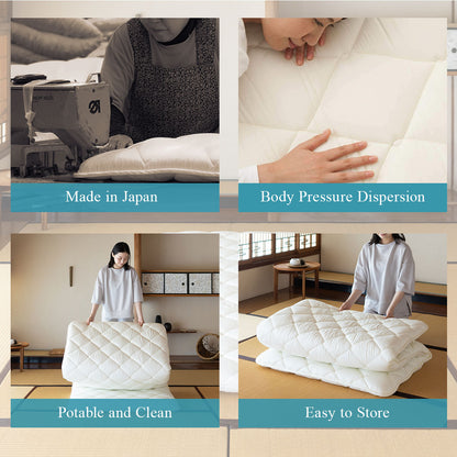 EMOOR Japanische Futon Matratze CLASSE mit Baumwolle Spannbetttuch (Weiß/Grau) Hergestellt in Japan, Faltbar Schlaf Traditionelle Boden Bett Tatami Matte Pad Baumwolle Topper
