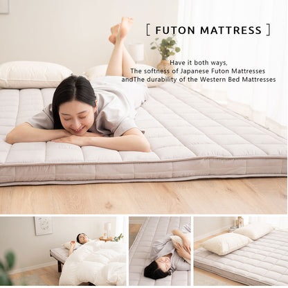EMOOR Japanische Gepolsterte Futon-Matratze Machi Grau, Zwickel Faltbar Verstaubar Elastische Bänder Bodenschlaf-Gästebett Tatami-Matte