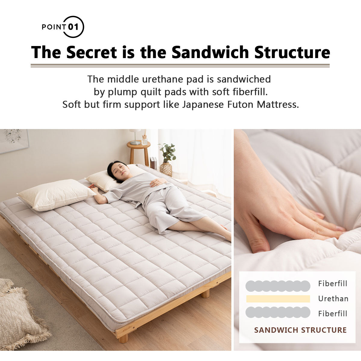 EMOOR Japanische Gepolsterte Futon-Matratze Machi Grau, Zwickel Faltbar Verstaubar Elastische Bänder Bodenschlaf-Gästebett Tatami-Matte