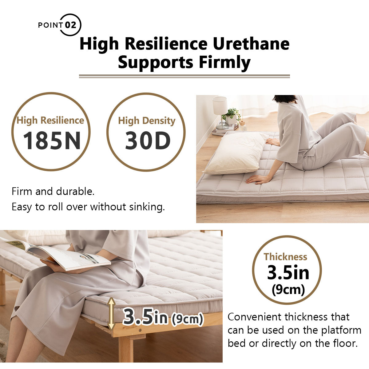 EMOOR Japanische Gepolsterte Futon-Matratze Machi Grau, Zwickel Faltbar Verstaubar Elastische Bänder Bodenschlaf-Gästebett Tatami-Matte