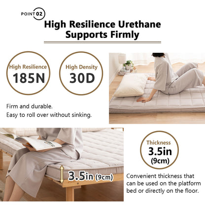 EMOOR Japanische Gepolsterte Futon-Matratze Machi Grau, Zwickel Faltbar Verstaubar Elastische Bänder Bodenschlaf-Gästebett Tatami-Matte