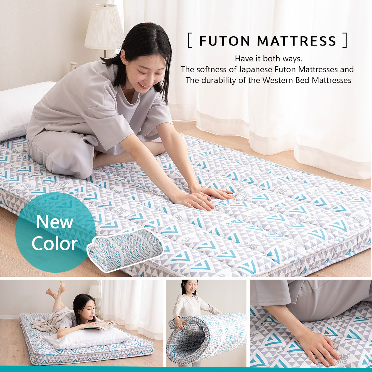 EMOOR Japanische Gepolsterte Futon-Matratze Machi Grau, Zwickel Faltbar Verstaubar Elastische Bänder Bodenschlaf-Gästebett Tatami-Matte