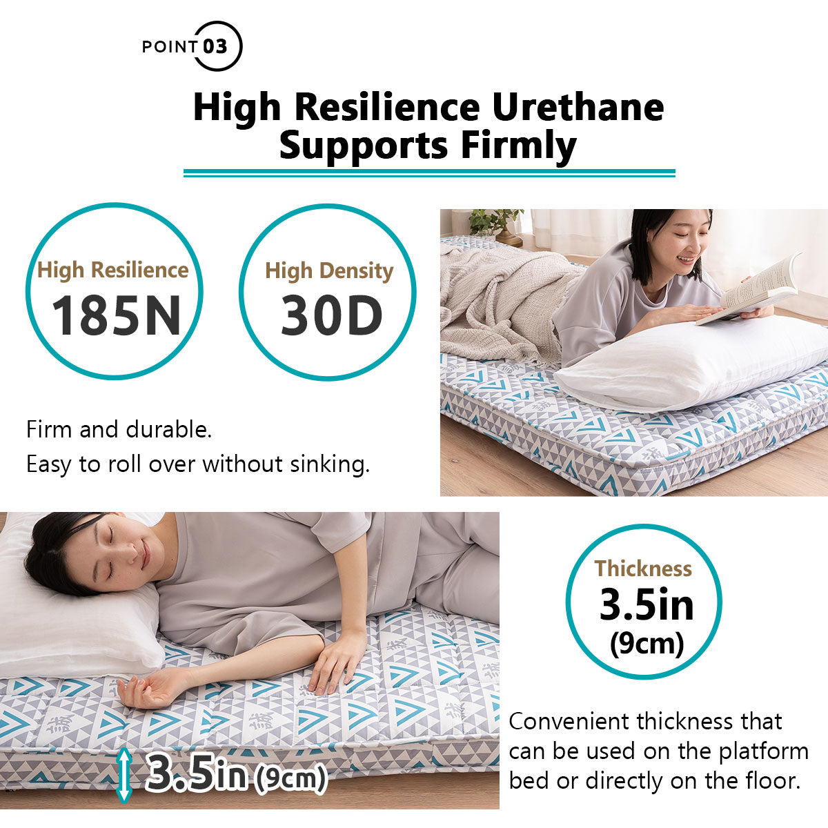 EMOOR Japanische Gepolsterte Futon-Matratze Machi Grau, Zwickel Faltbar Verstaubar Elastische Bänder Bodenschlaf-Gästebett Tatami-Matte