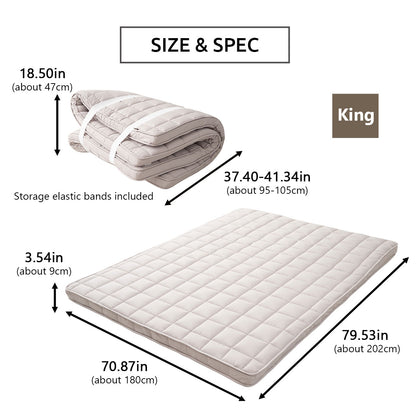 EMOOR Japanische Gepolsterte Futon-Matratze Machi Grau, Zwickel Faltbar Verstaubar Elastische Bänder Bodenschlaf-Gästebett Tatami-Matte