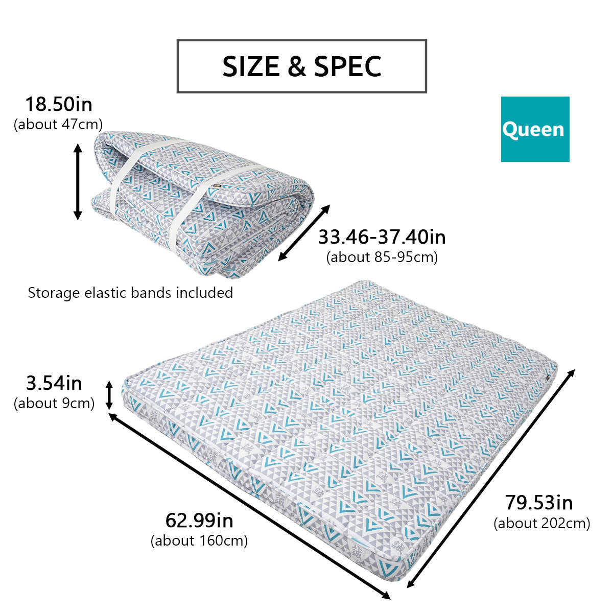 EMOOR Japanische Gepolsterte Futon-Matratze Machi Grau, Zwickel Faltbar Verstaubar Elastische Bänder Bodenschlaf-Gästebett Tatami-Matte