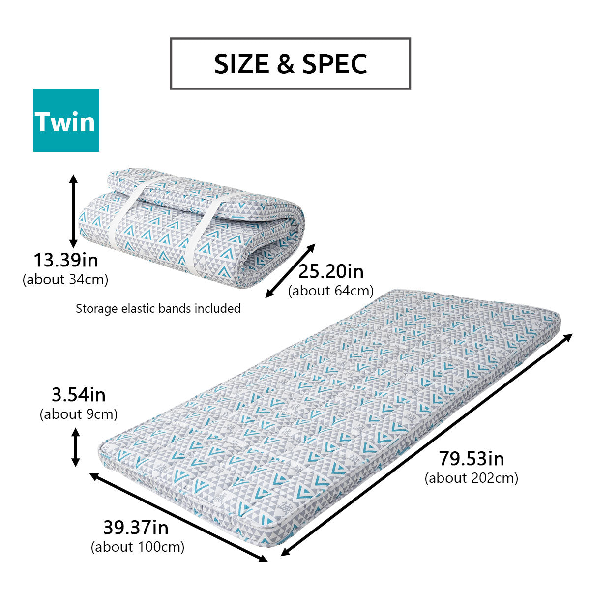 EMOOR Japanische Gepolsterte Futon-Matratze Machi Grau, Zwickel Faltbar Verstaubar Elastische Bänder Bodenschlaf-Gästebett Tatami-Matte