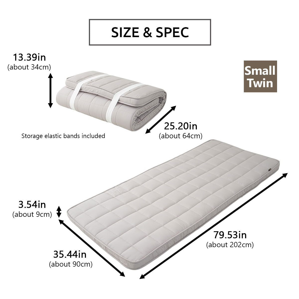 EMOOR Japanische Gepolsterte Futon-Matratze Machi Grau, Zwickel Faltbar Verstaubar Elastische Bänder Bodenschlaf-Gästebett Tatami-Matte