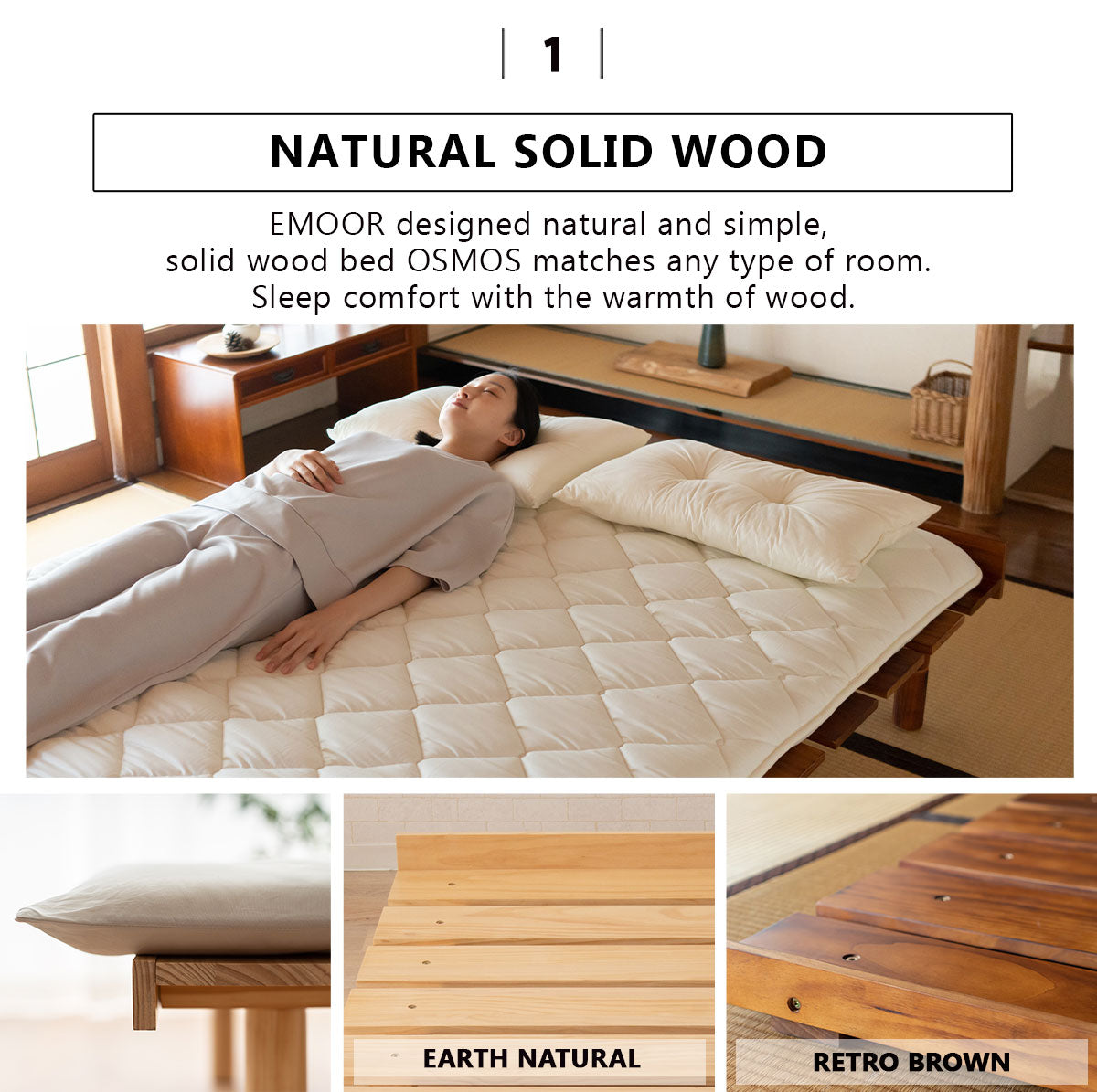 EMOOR Futonbett OSMOS für Japanische Futon-Matratze, Höhenverstellbar (5/18/31cm), Natur-Braun, Tatami Natürlich Kiefern Holzbett Palettenbett