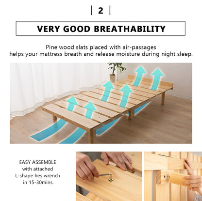 EMOOR Futonbett OSMOS für Japanische Futon-Matratze, Höhenverstellbar (5/18/31cm), Natur-Braun, Tatami Natürlich Kiefern Holzbett Palettenbett