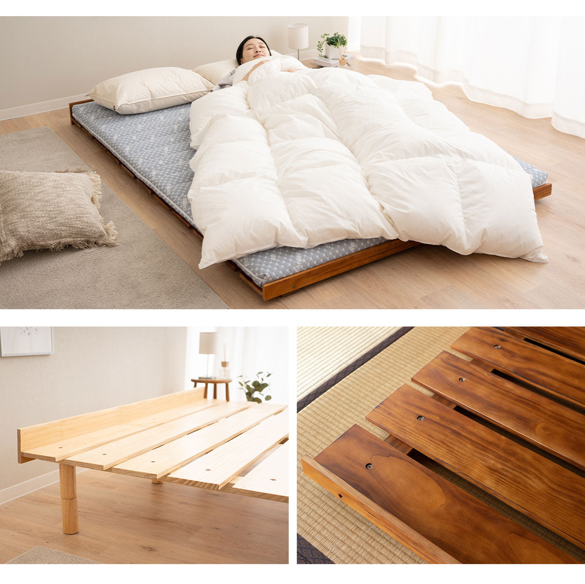 EMOOR Futonbett OSMOS für Japanische Futon-Matratze, Höhenverstellbar (5/18/31cm), Natur-Braun, Tatami Natürlich Kiefern Holzbett Palettenbett