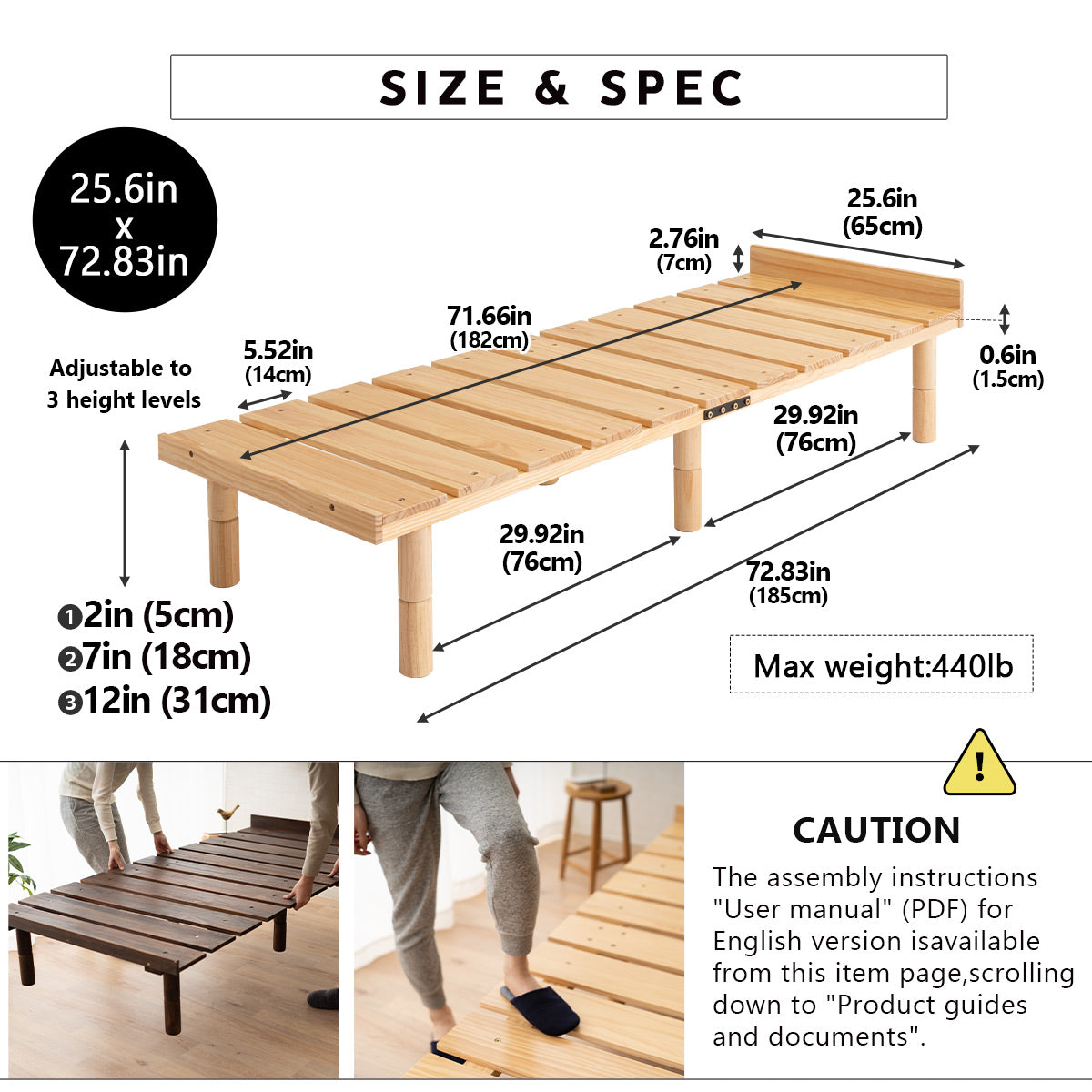 EMOOR Futonbett OSMOS für Japanische Futon-Matratze, Höhenverstellbar (5/18/31cm), Natur-Braun, Tatami Natürlich Kiefern Holzbett Palettenbett