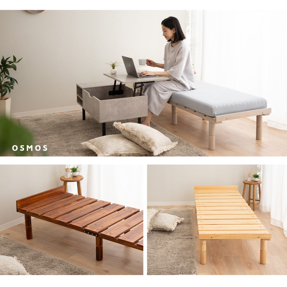 EMOOR Futonbett OSMOS für Japanische Futon-Matratze, Höhenverstellbar (5/18/31cm), Natur-Braun, Tatami Natürlich Kiefern Holzbett Palettenbett