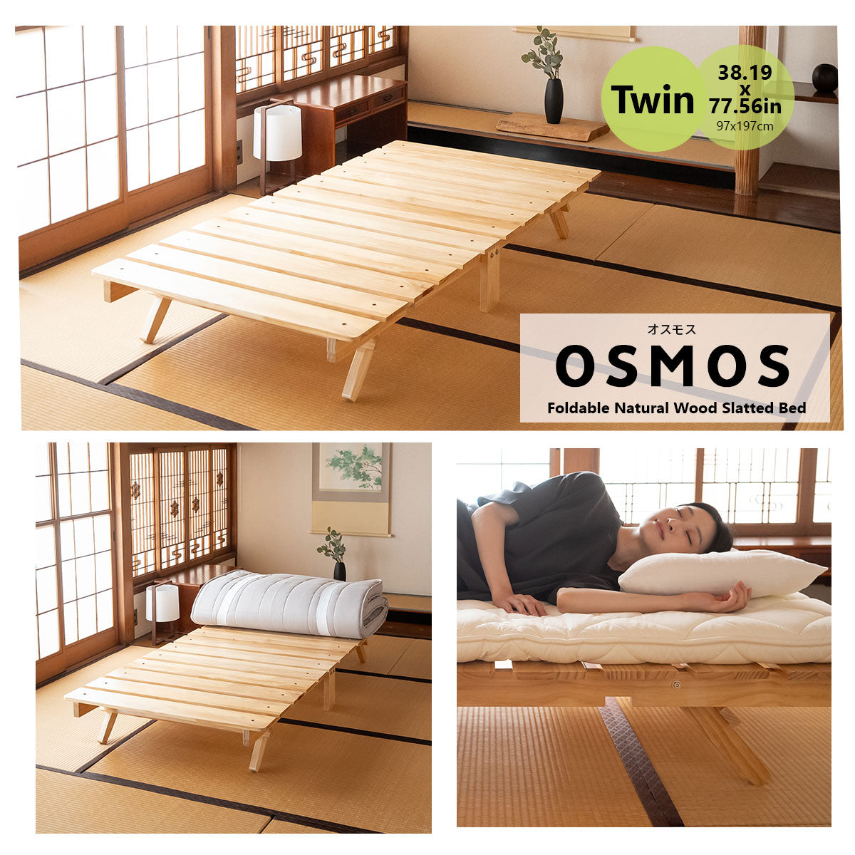 EMOOR Foldable Futon Bed OSMOS for Japanese Futon Mattress (Natural Brown), Tatami Natural Pine Wood Furniture Japanese Style Solid Wood Bed Pallet Bed