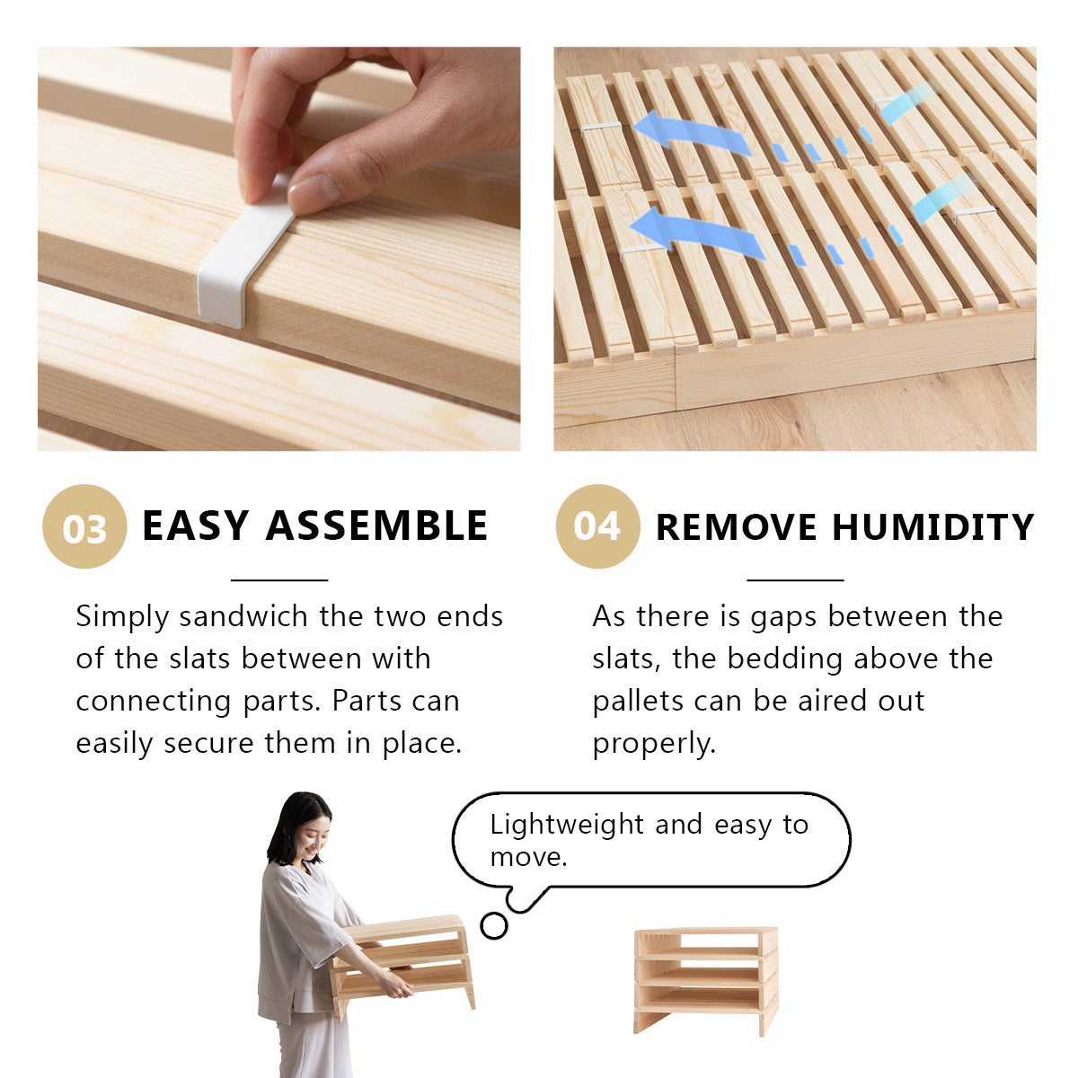 EMOOR Pallet Bed Slats 8 Pieces (Twin) Pine Wood Natural, Japanese Futon Mattress Floor Sleeping Tatami Mat