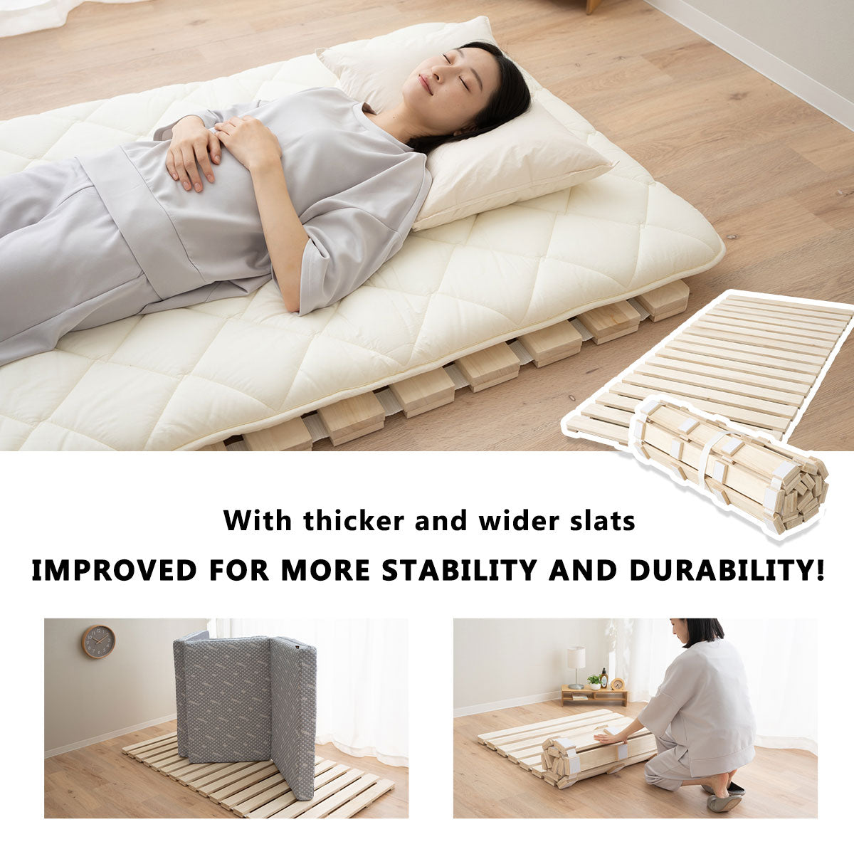 EMOOR Extra Thick Roll-Up Slatted Futon Bed Durable Roll-Up Bed (100 x 200 cm) for Japanese Floor Futon Mattress, Paulownia Wood Floor Unvarnished Natural Sleep Bedding Guest Tatami Mat