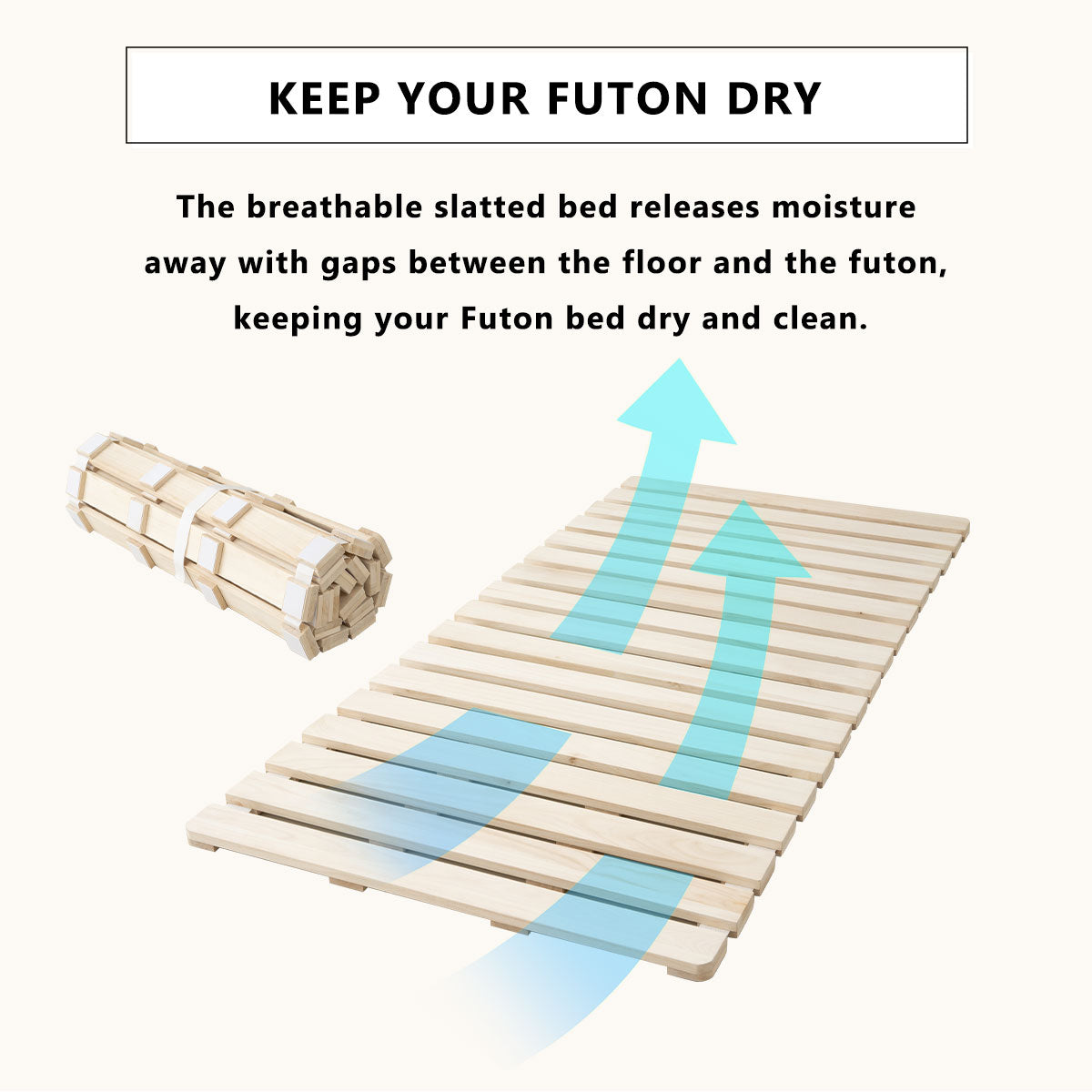 EMOOR Extra Thick Roll-Up Slatted Futon Bed Durable Roll-Up Bed (100 x 200 cm) for Japanese Floor Futon Mattress, Paulownia Wood Floor Unvarnished Natural Sleep Bedding Guest Tatami Mat