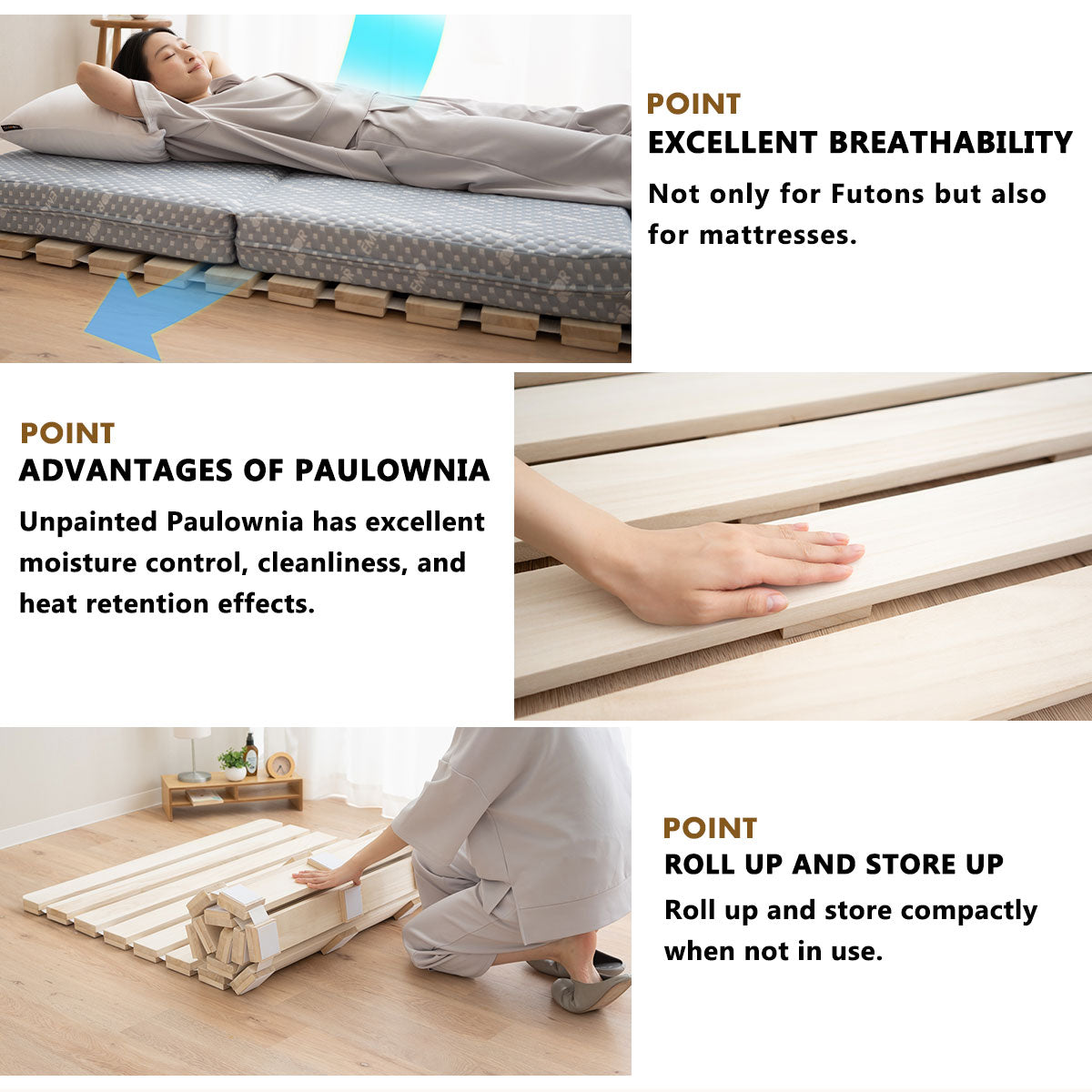 EMOOR Extra Thick Roll-Up Slatted Futon Bed Durable Roll-Up Bed (100 x 200 cm) for Japanese Floor Futon Mattress, Paulownia Wood Floor Unvarnished Natural Sleep Bedding Guest Tatami Mat