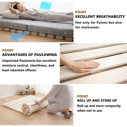 EMOOR Extra Thick Roll-Up Slatted Futon Bed Durable Roll-Up Bed (100 x 200 cm) for Japanese Floor Futon Mattress, Paulownia Wood Floor Unvarnished Natural Sleep Bedding Guest Tatami Mat