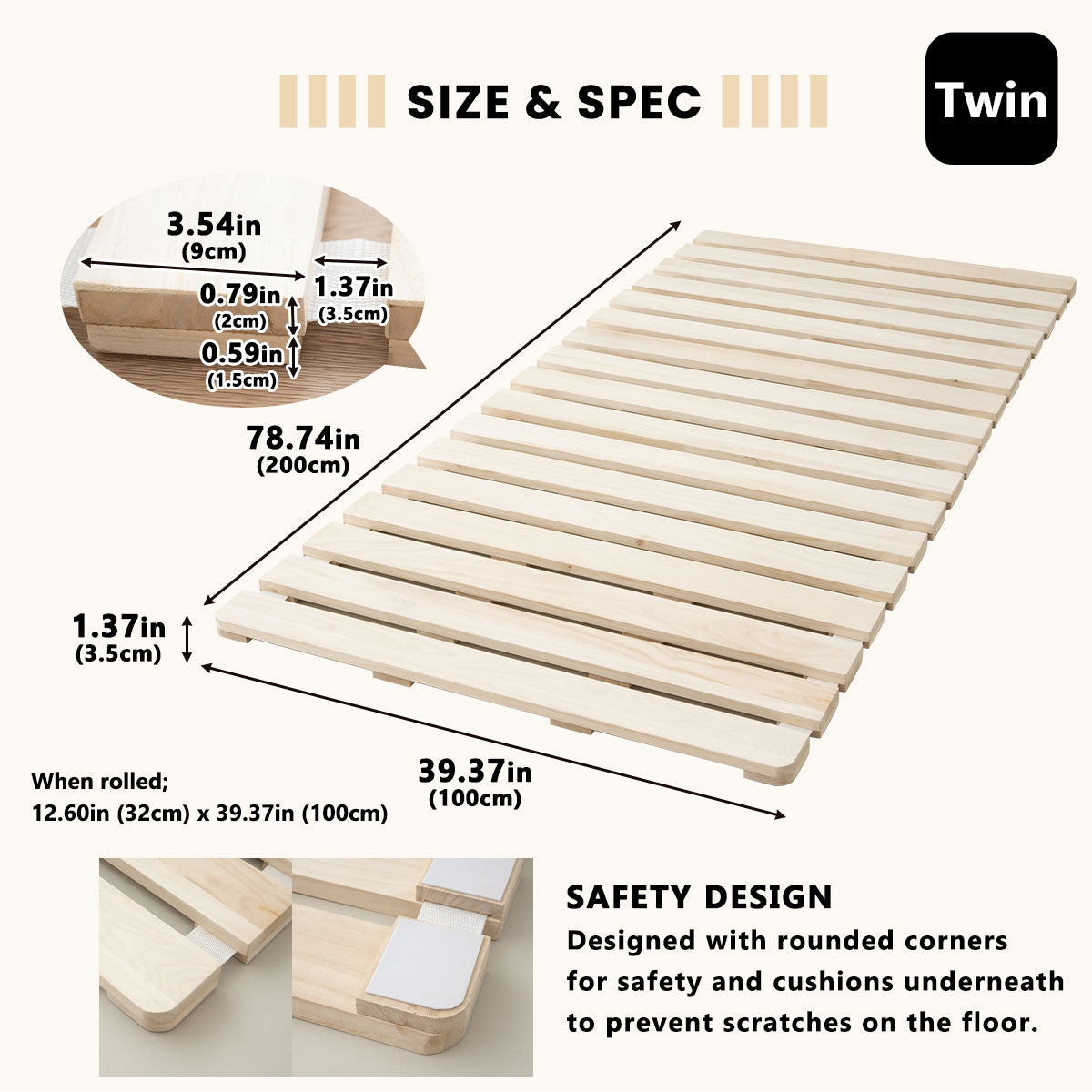 EMOOR Extra Thick Roll-Up Slatted Futon Bed Durable Roll-Up Bed (100 x 200 cm) for Japanese Floor Futon Mattress, Paulownia Wood Floor Unvarnished Natural Sleep Bedding Guest Tatami Mat