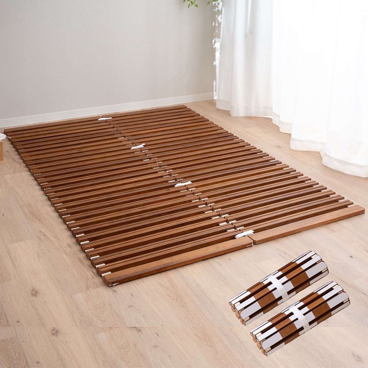 EMOOR Rollable Slatted Mattress Base OSMOS Made of Solid Paulownia Wood Brown, Tatami Futon Bed Pallet Bed