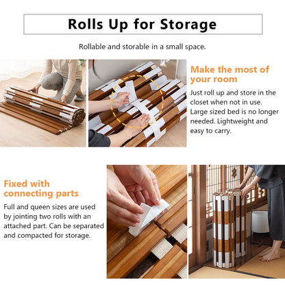 EMOOR Rollable Slatted Mattress Base OSMOS Made of Solid Paulownia Wood Brown, Tatami Futon Bed Pallet Bed