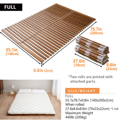 EMOOR Rollable Slatted Mattress Base OSMOS Made of Solid Paulownia Wood Brown, Tatami Futon Bed Pallet Bed