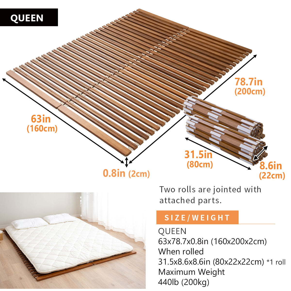 EMOOR Rollable Slatted Mattress Base OSMOS Made of Solid Paulownia Wood Brown, Tatami Futon Bed Pallet Bed