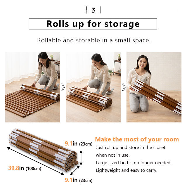 EMOOR Rollable Slatted Mattress Base OSMOS Made of Solid Paulownia Wood Brown, Tatami Futon Bed Pallet Bed